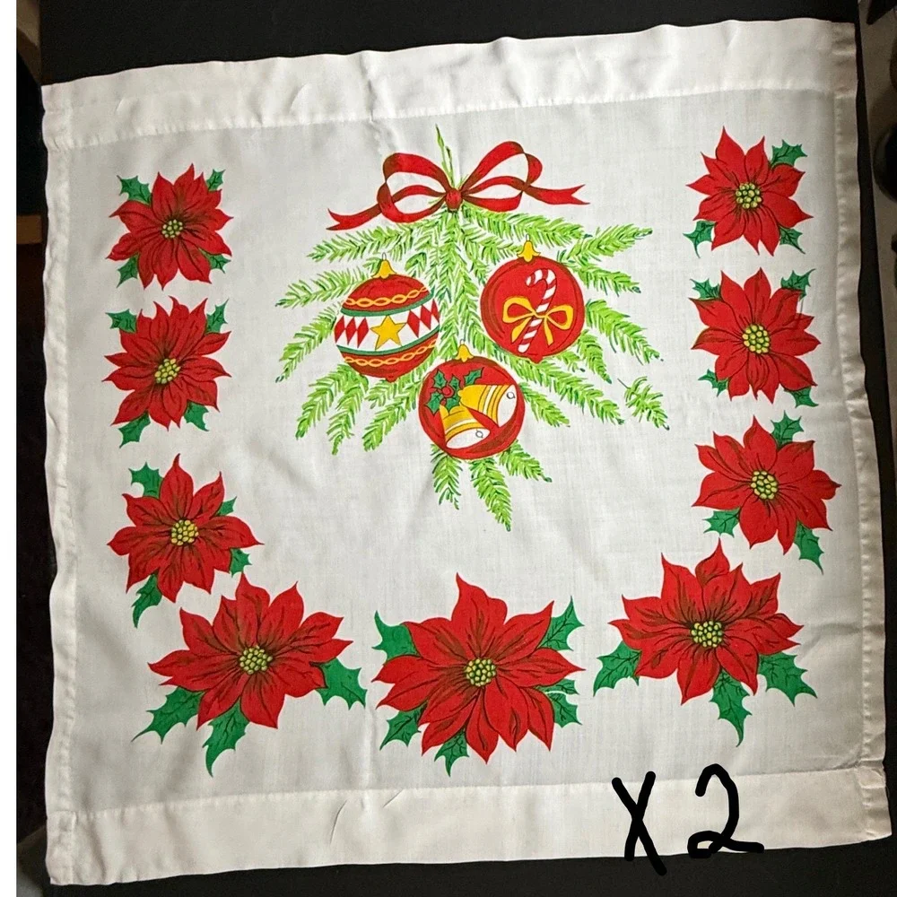 Vintage Christmas Poinsettia Cafe Curtains White Ornaments Made in Japan MCM